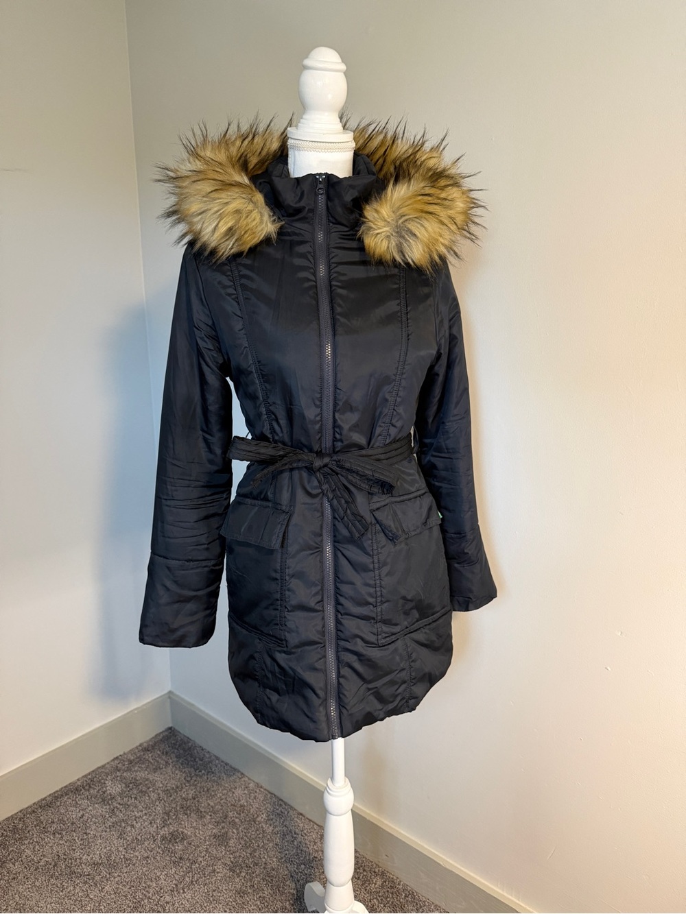 Modern Eternity Rachel Belted Puffer Coat Faux Fur Hood - Black / Size Small